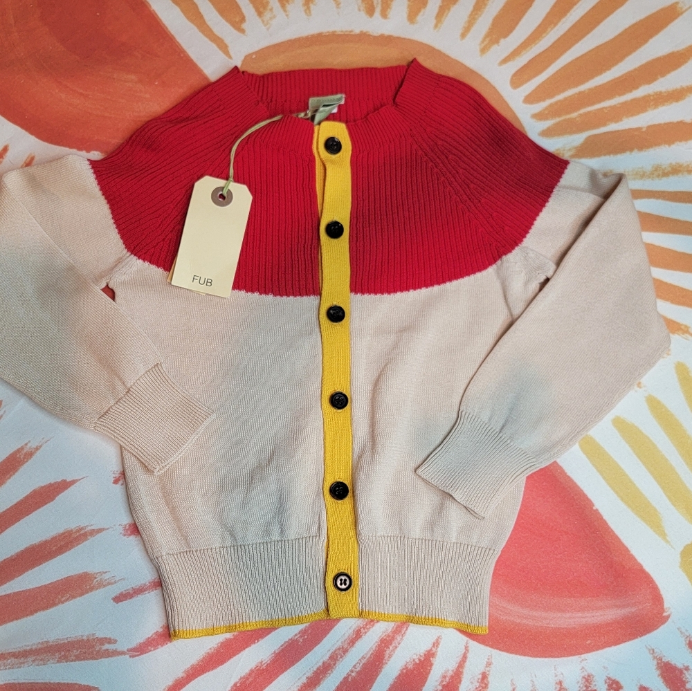 NWT FUB Beige & Red Cardigan SweaterToddler Size 3T 100% Organic Cotton
